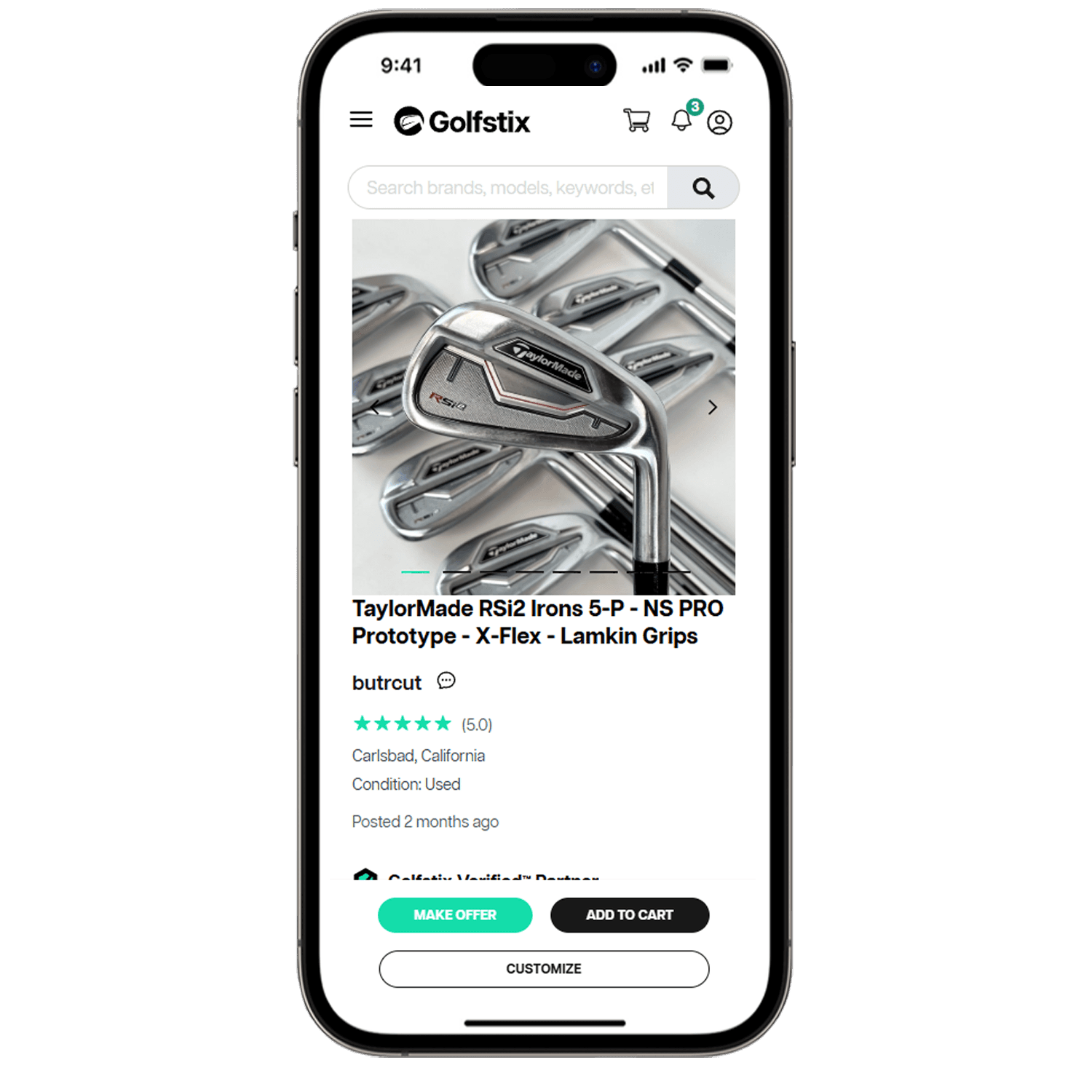 Golfstix mobile app showing golf clubs